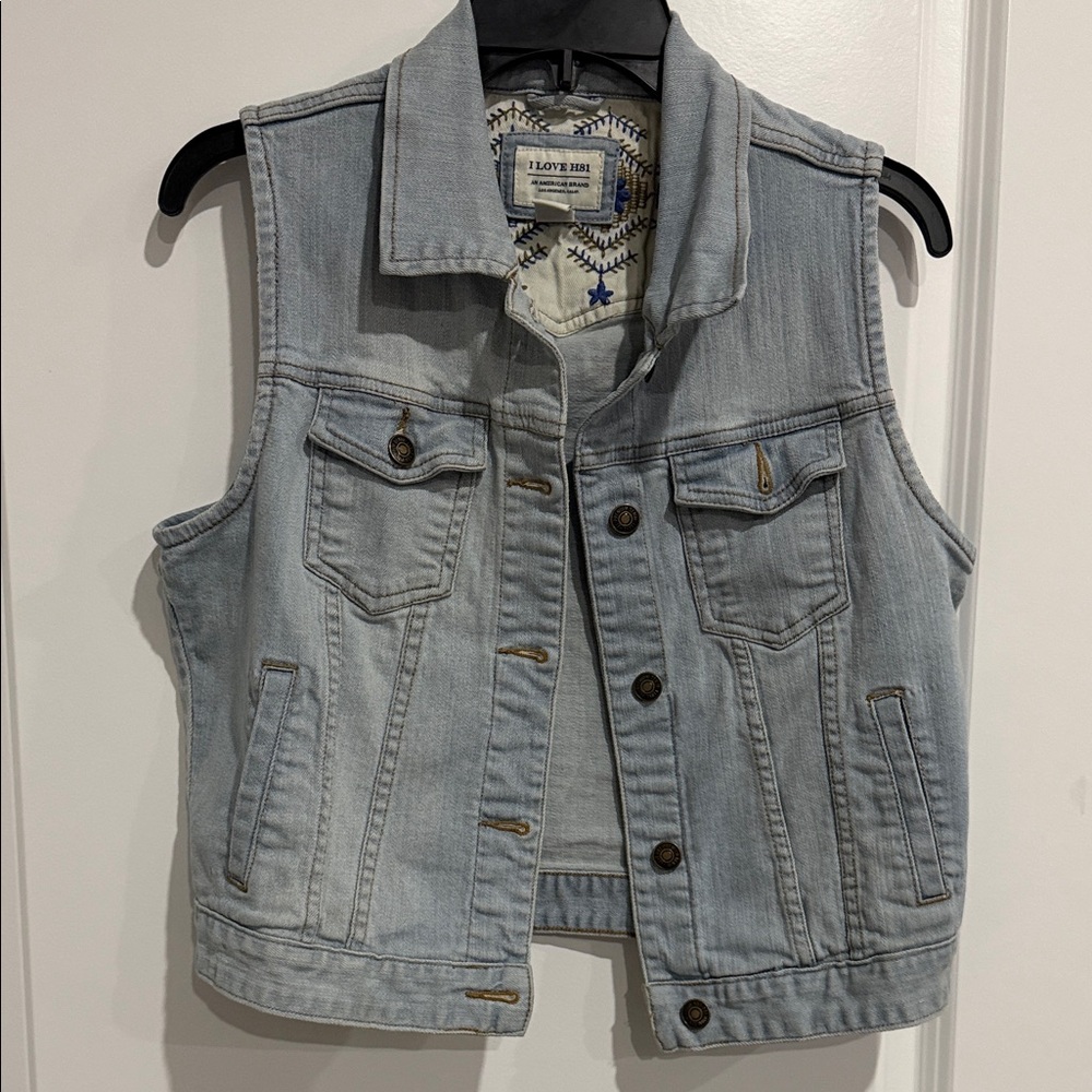 Hollister Embroidered Light Blue and White Denim Jacket